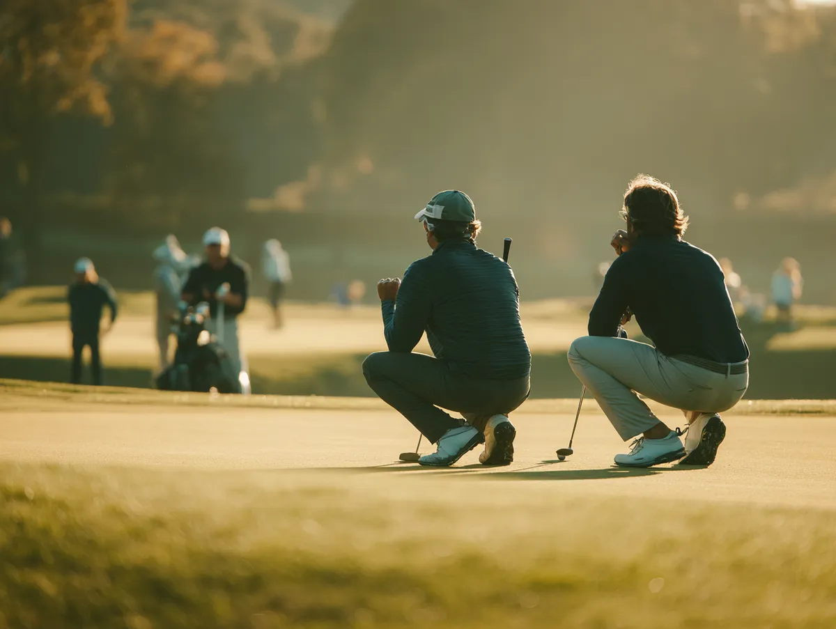 Two golfers reading a putt together — handicap calculations turn rounds like this into a tracked Handicap Index